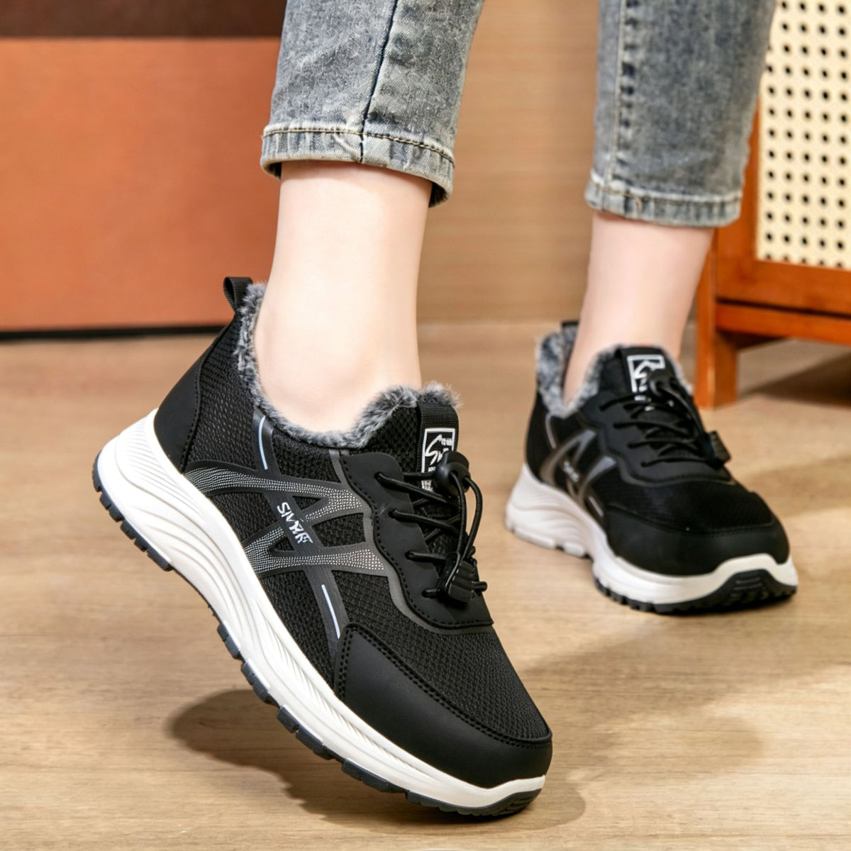 Women's Fur-Lined Toggle-Lace Sneakers - Casual Winter Walking Shoes