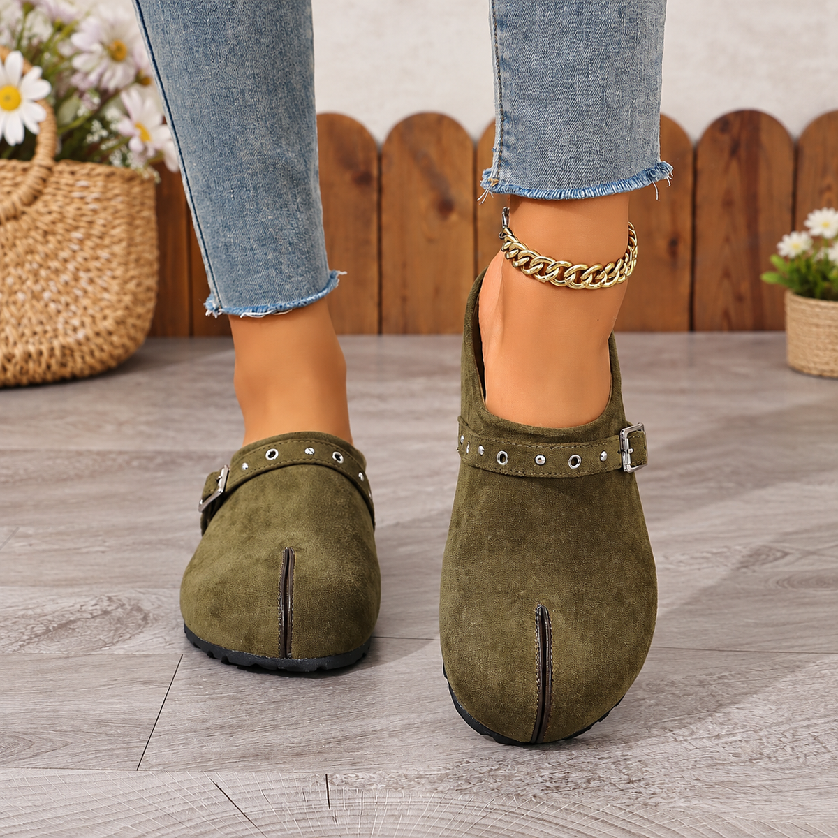 Vintage Buckle Suede Comfort Mules