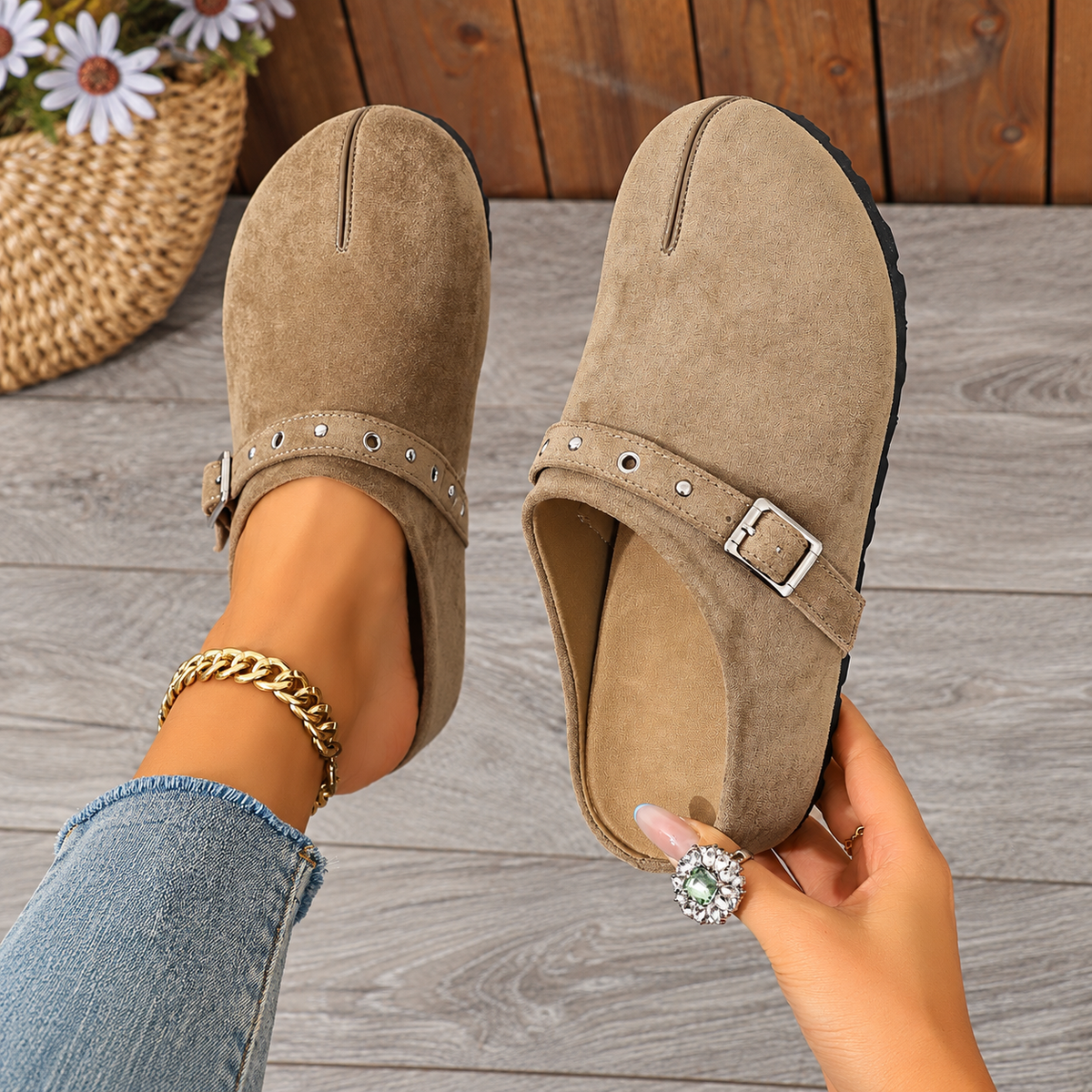 Vintage Buckle Suede Comfort Mules