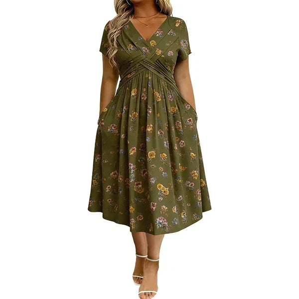 Floral V-Neck Twist-Waist Dress — Elegant Yet Easygoing for Any Occasion