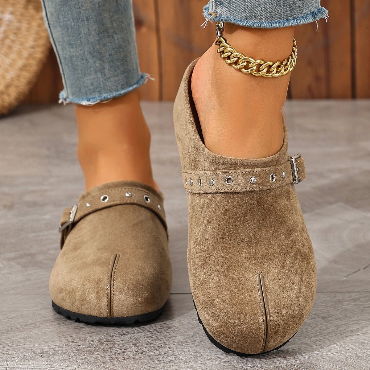 Vintage Buckle Suede Comfort Mules