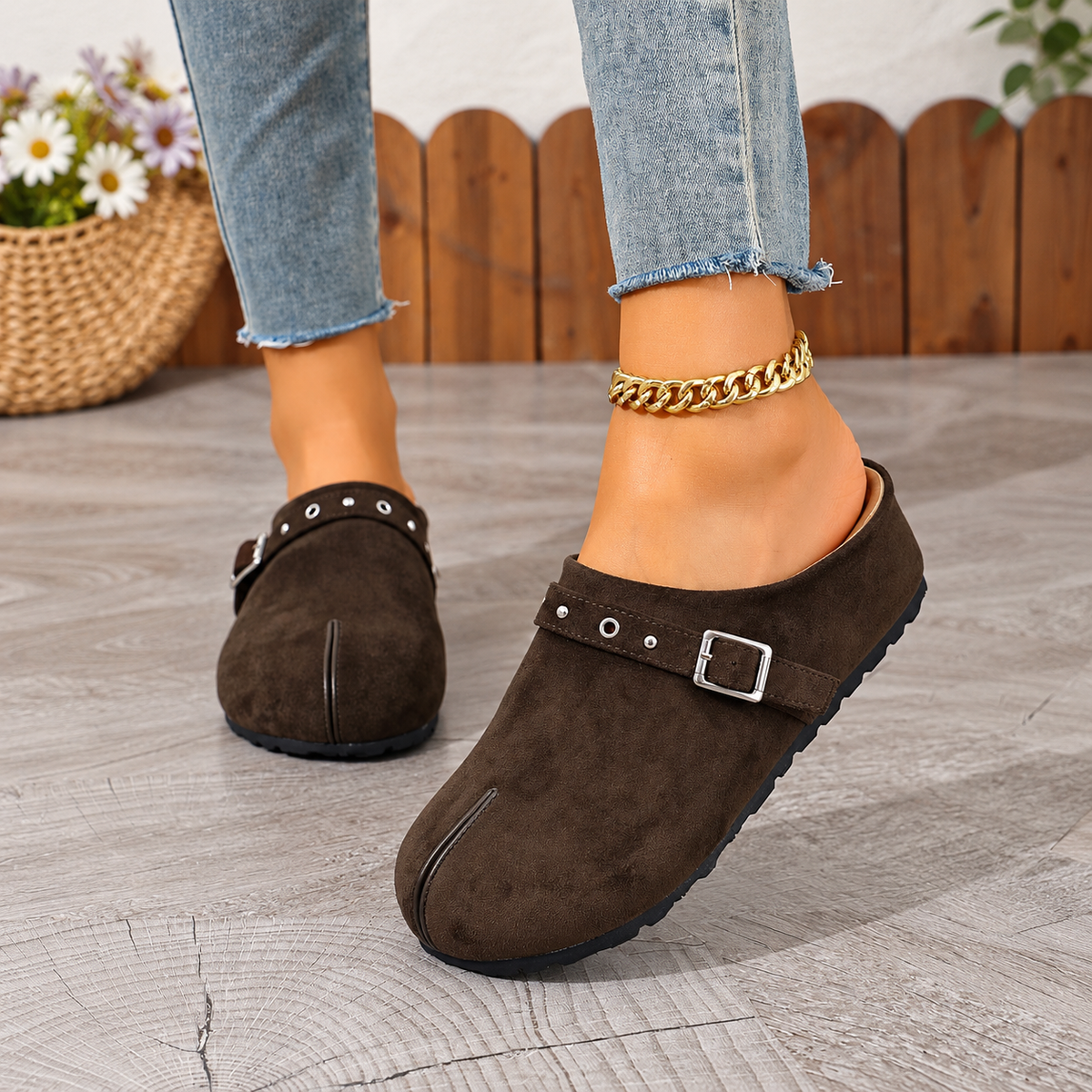 Vintage Buckle Suede Comfort Mules