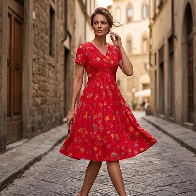 Floral V-Neck Twist-Waist Dress — Elegant Yet Easygoing for Any Occasion